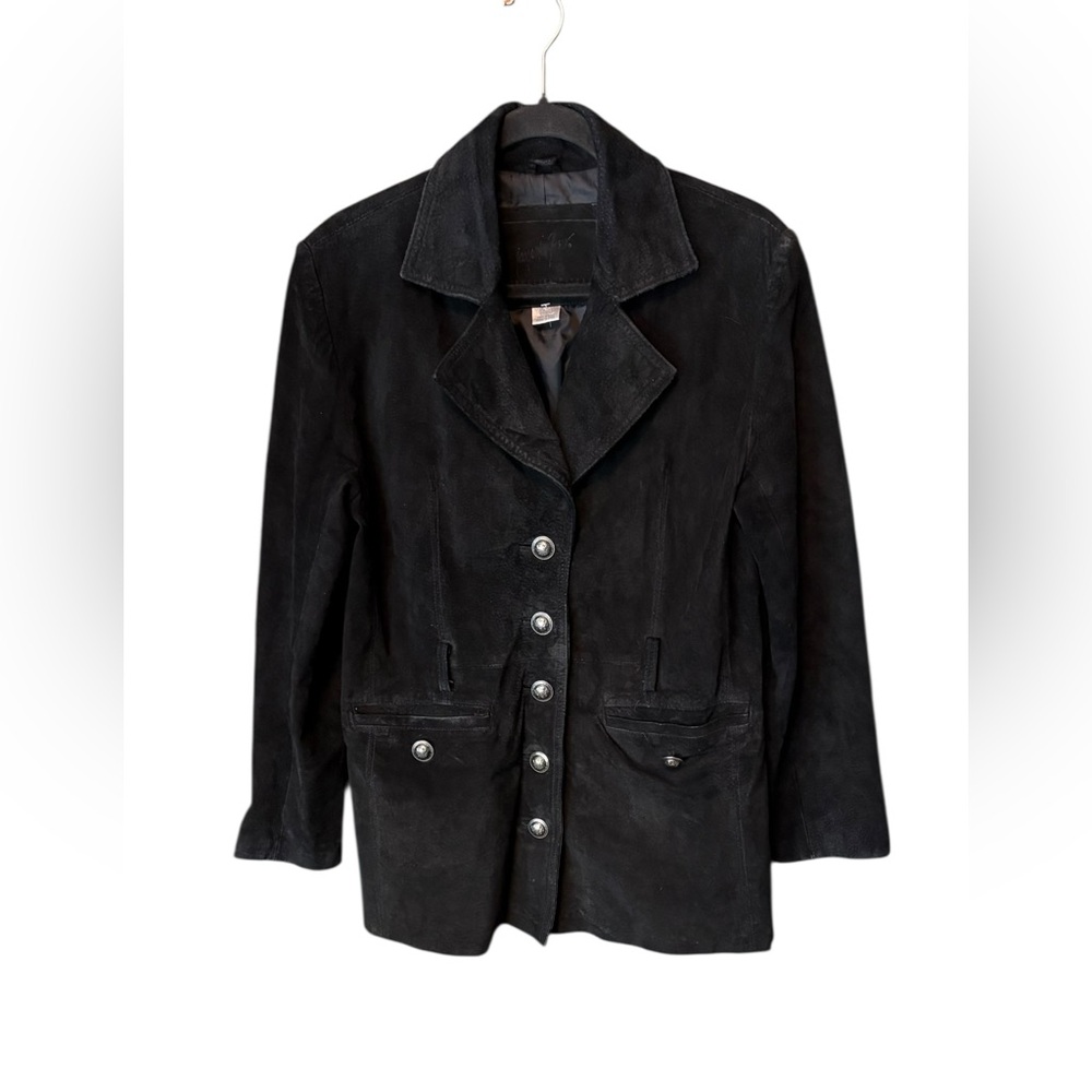 Vintage Jacqueline Ferrar Black Suede Leather Trim Jacket Longline Size Small